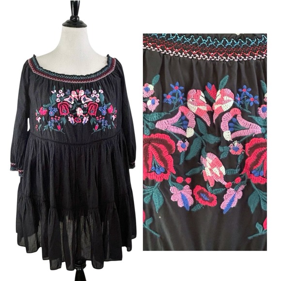 Free People Tops - FREE PEOPLE Black Embroidered Off Shoulder PEASANT TOP L Smocked Boho Festival